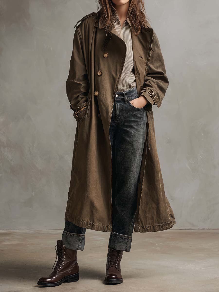Vintage Olive Green Longline Trench Coat