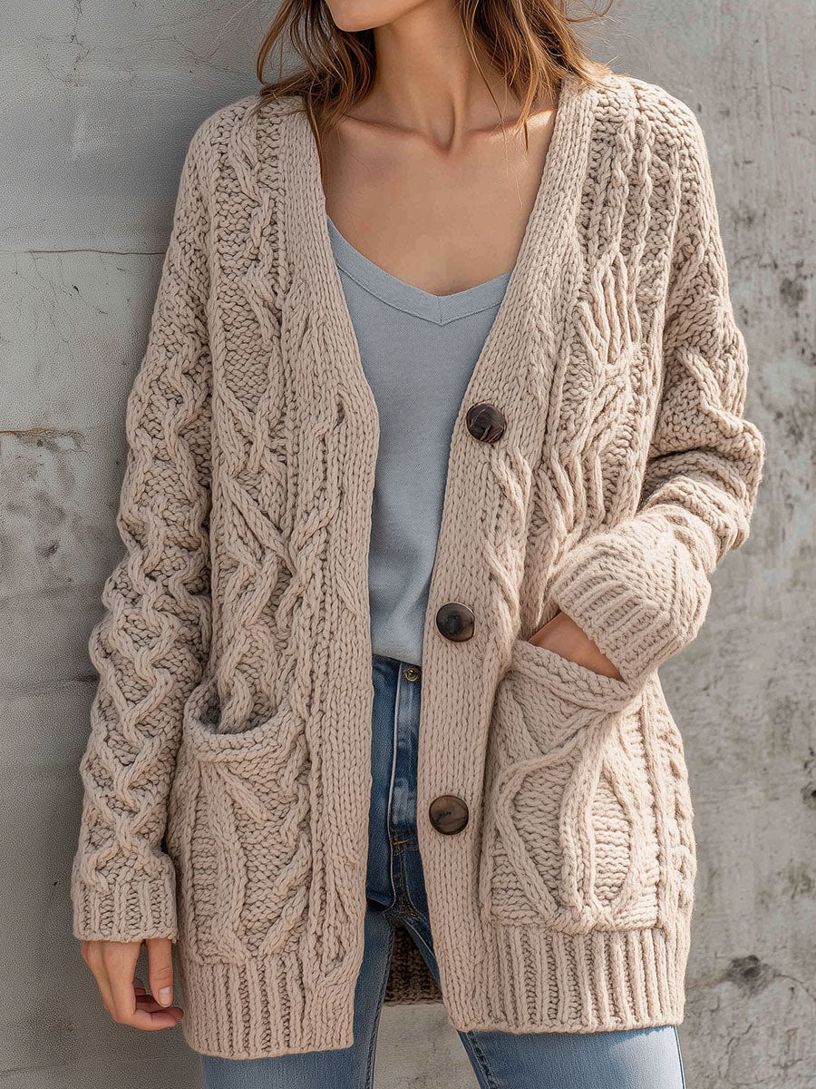 Cozy Beige Cable Chunky Knit Button Front Cardigan With Pockets