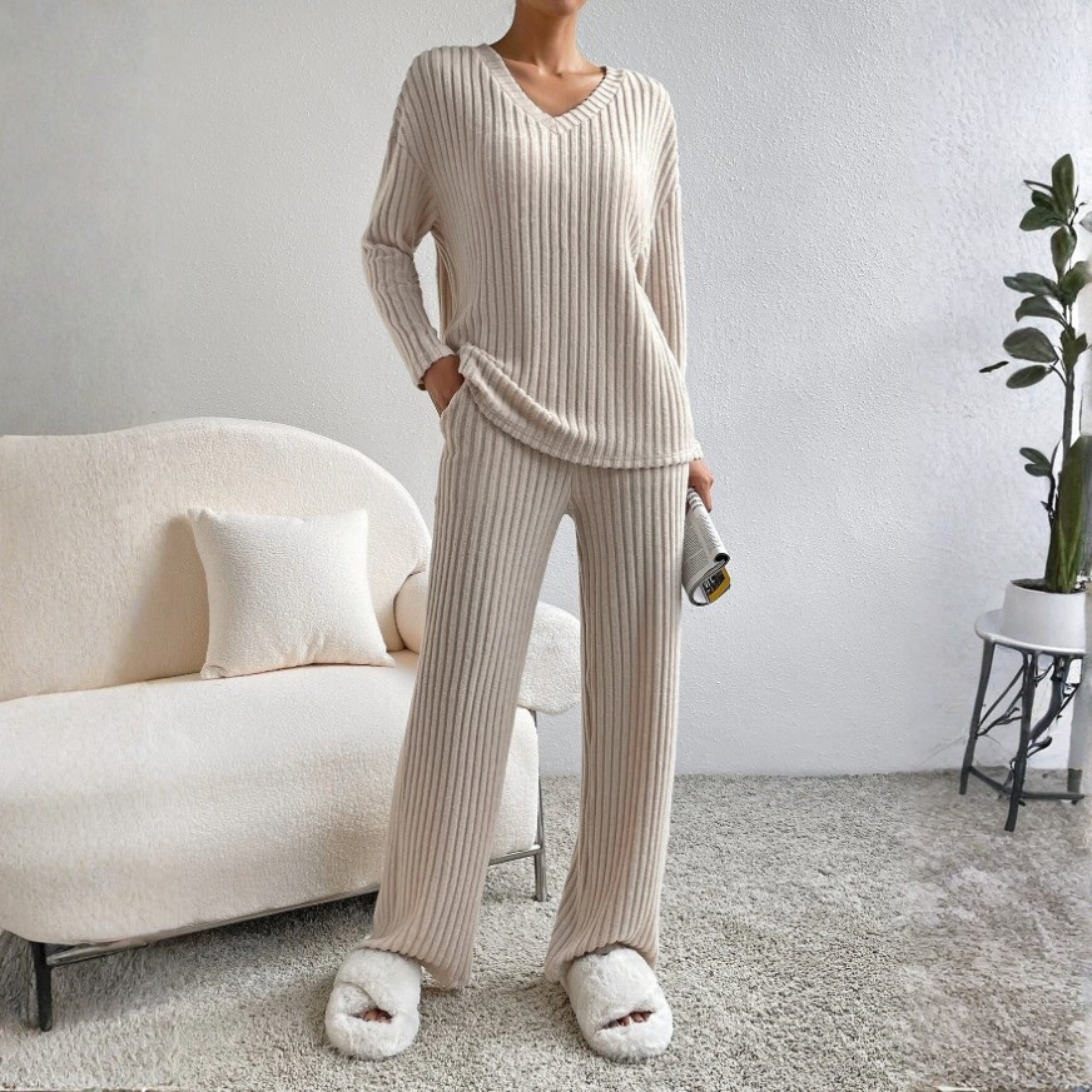ENLINS™| Casual Long Sleeve V-Neck Top and Pants Set