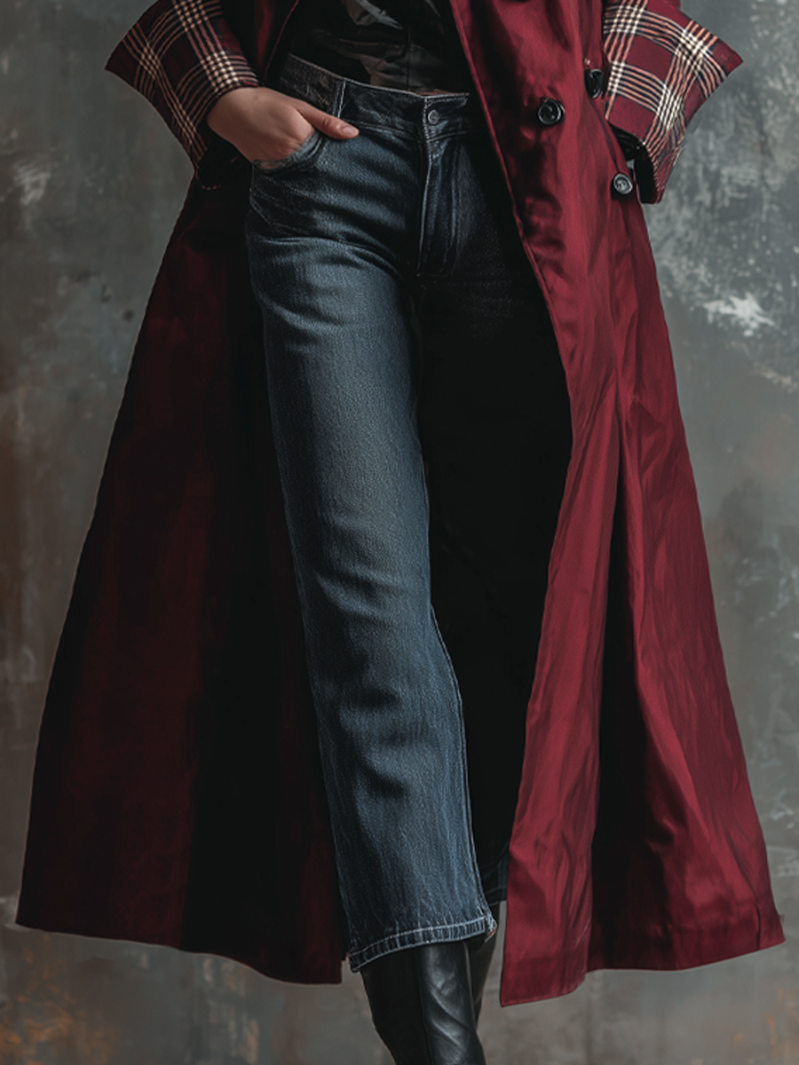 Retro Plaid Cuffs Exaggerated Lapel Trench Coat