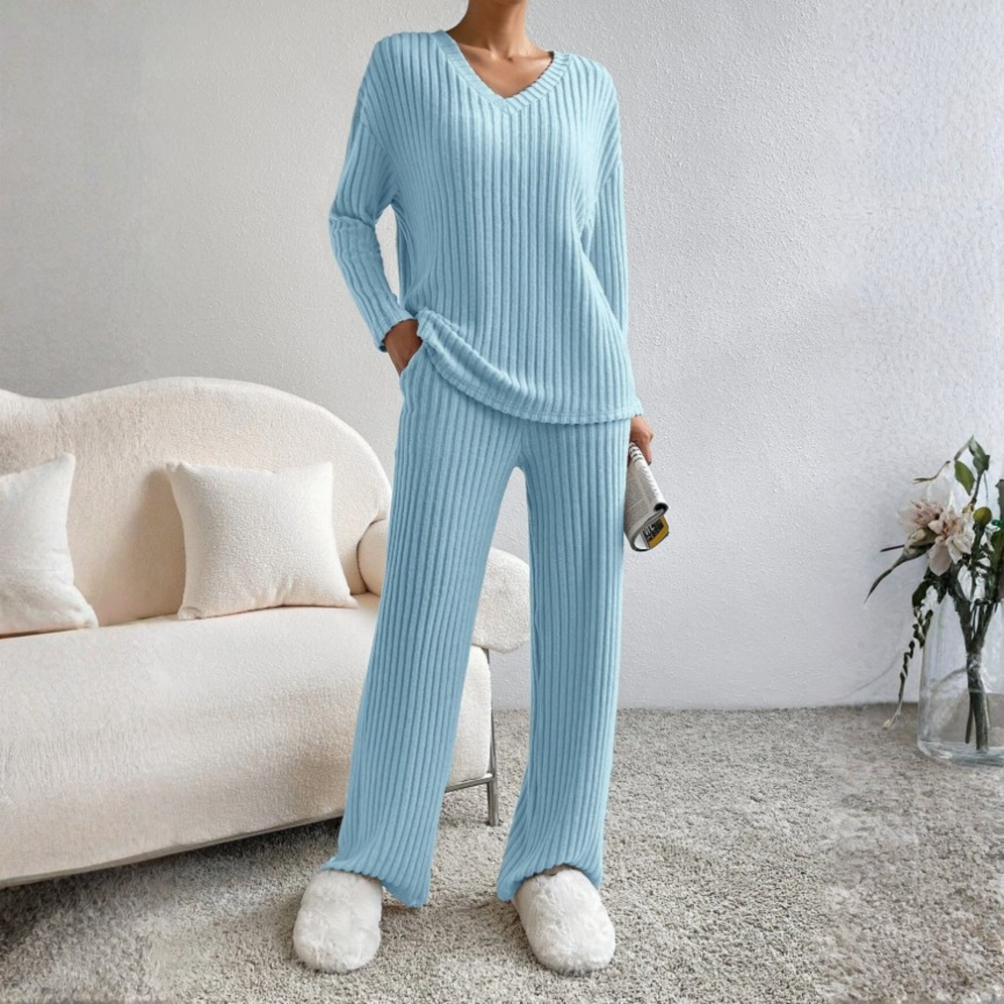 ENLINS™| Casual Long Sleeve V-Neck Top and Pants Set