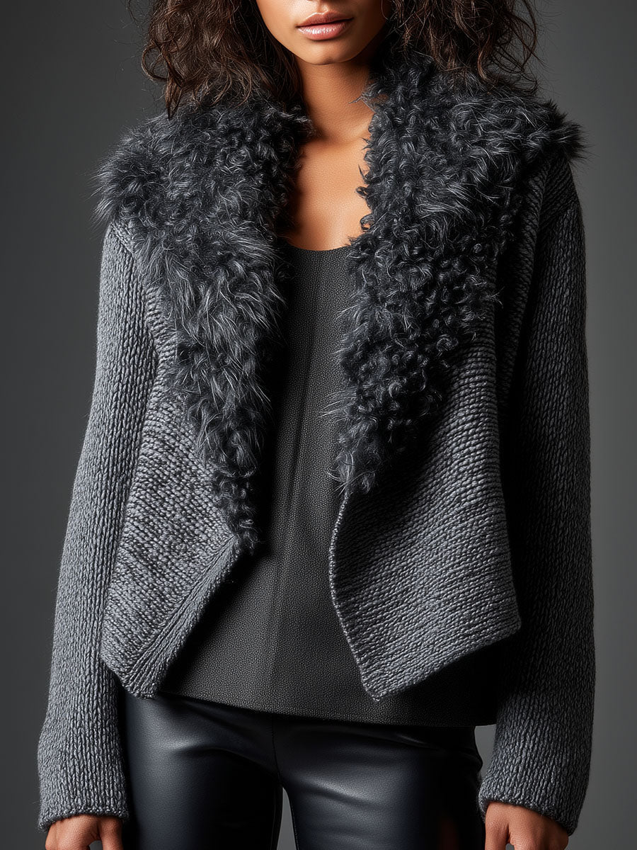Grey Chunky Knit Cardigan With Eco Fur Collar
