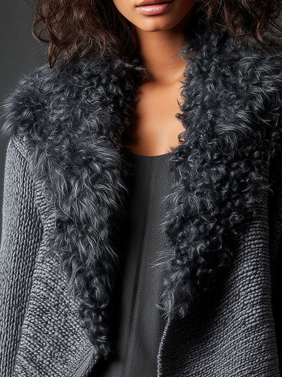 Grey Chunky Knit Cardigan With Eco Fur Collar