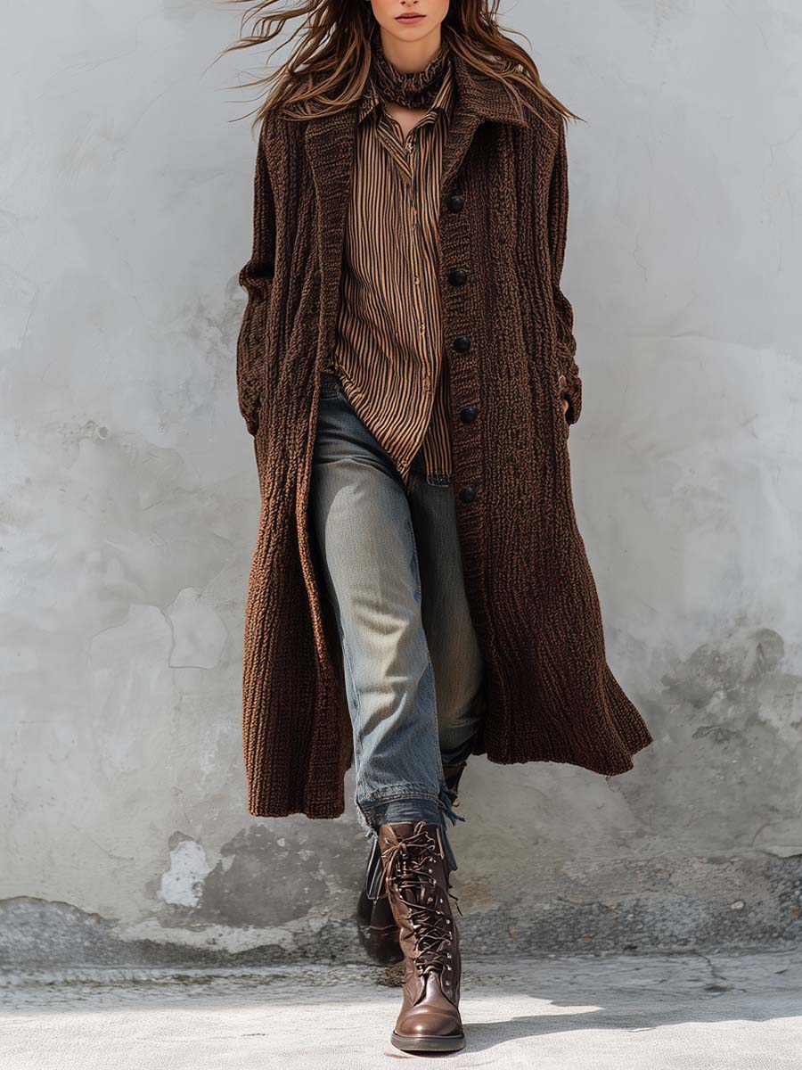 Vintage Brown Knit Maxi Coat