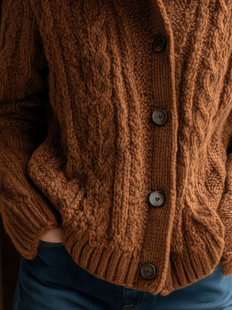 Brown Stand Collar Chunky Cable Knit Cardigan