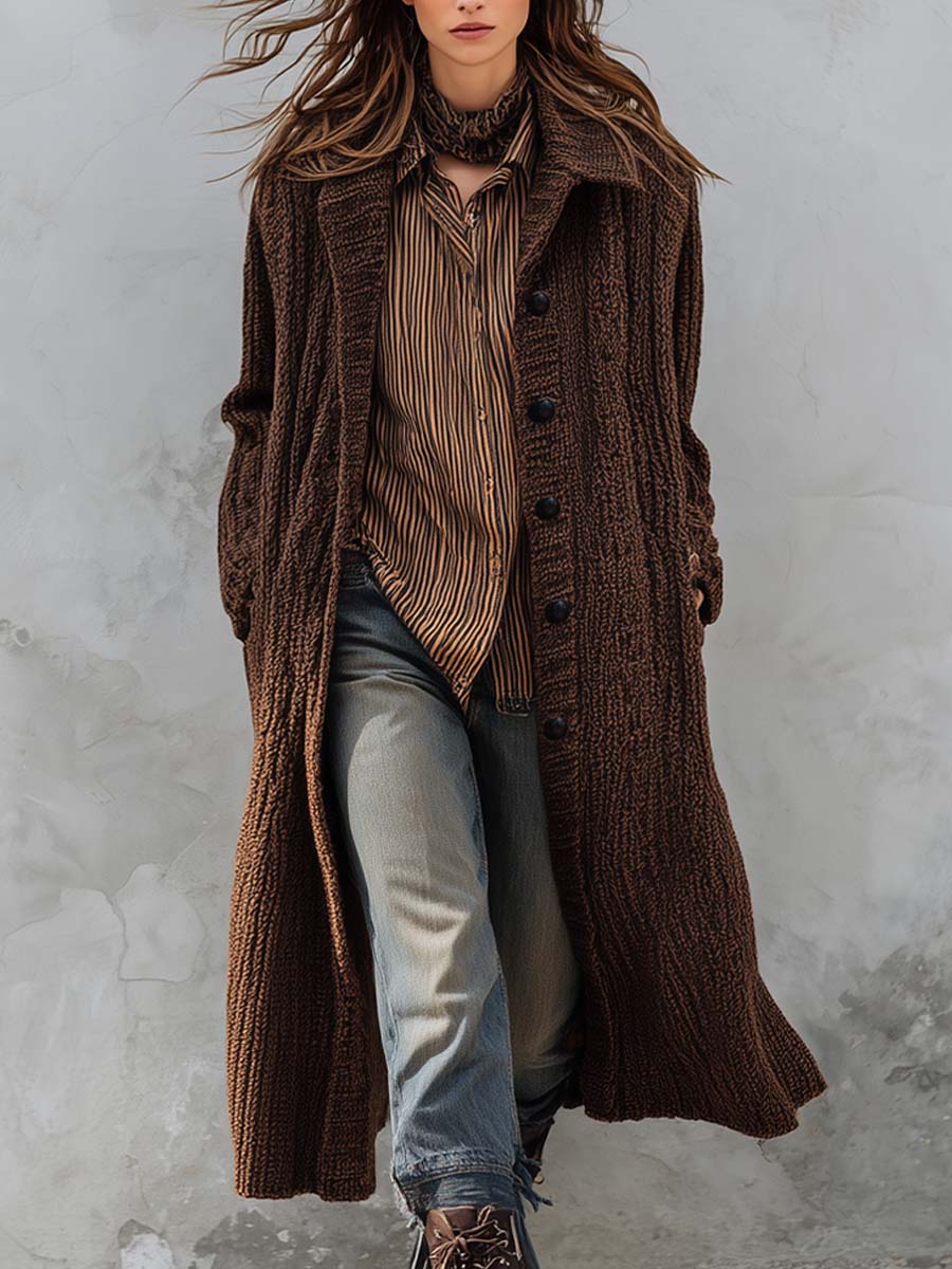Vintage Brown Knit Maxi Coat