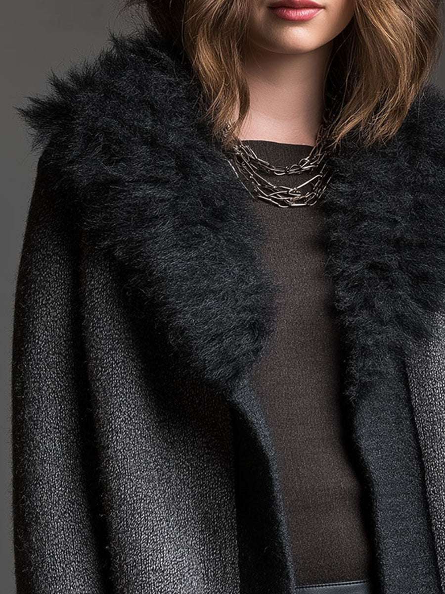 Grey Wool-Blend Knit Cardigan With Black Eco Fur Collar