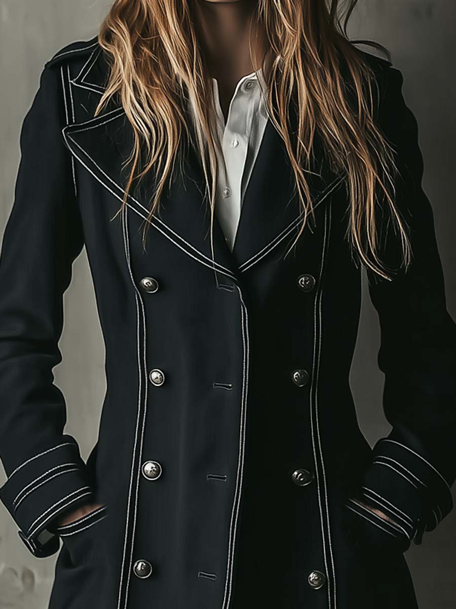 Black Double-Breasted Military Coat With Contrast Stitching