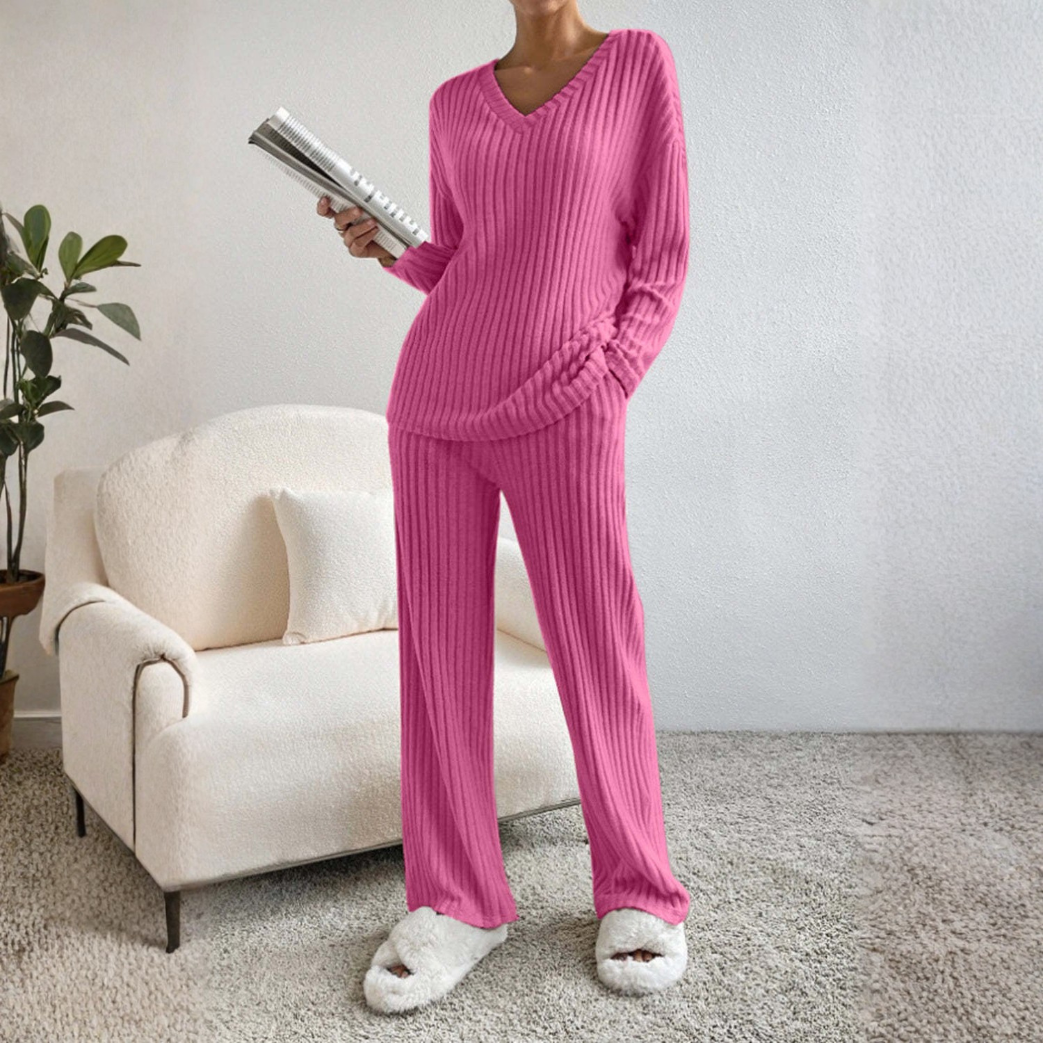 ENLINS™| Casual Long Sleeve V-Neck Top and Pants Set
