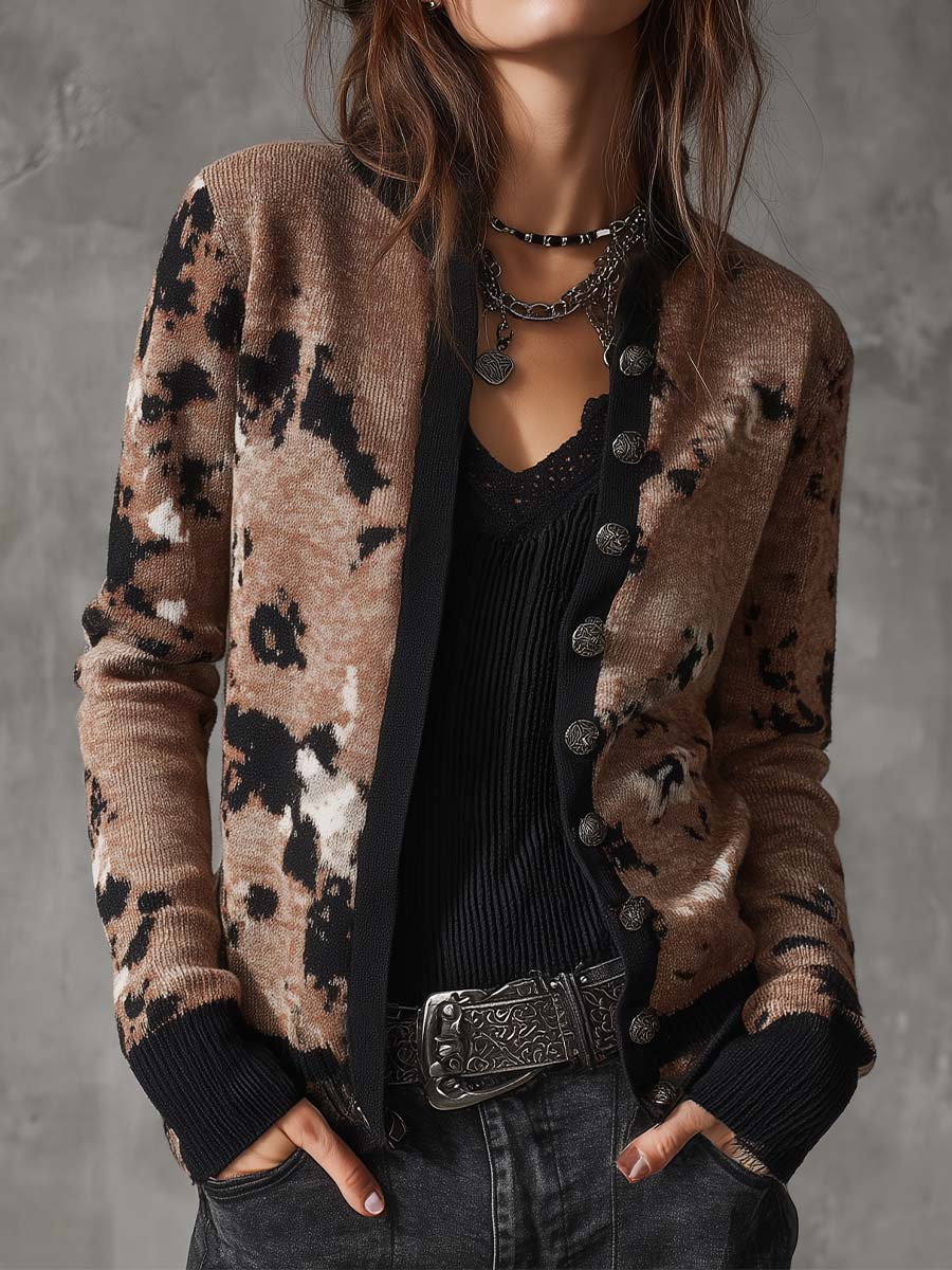 Vintage Cowhide Pattern Knit Cardigan