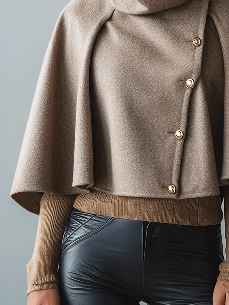 Elegant Khaki Wool Blend Cape