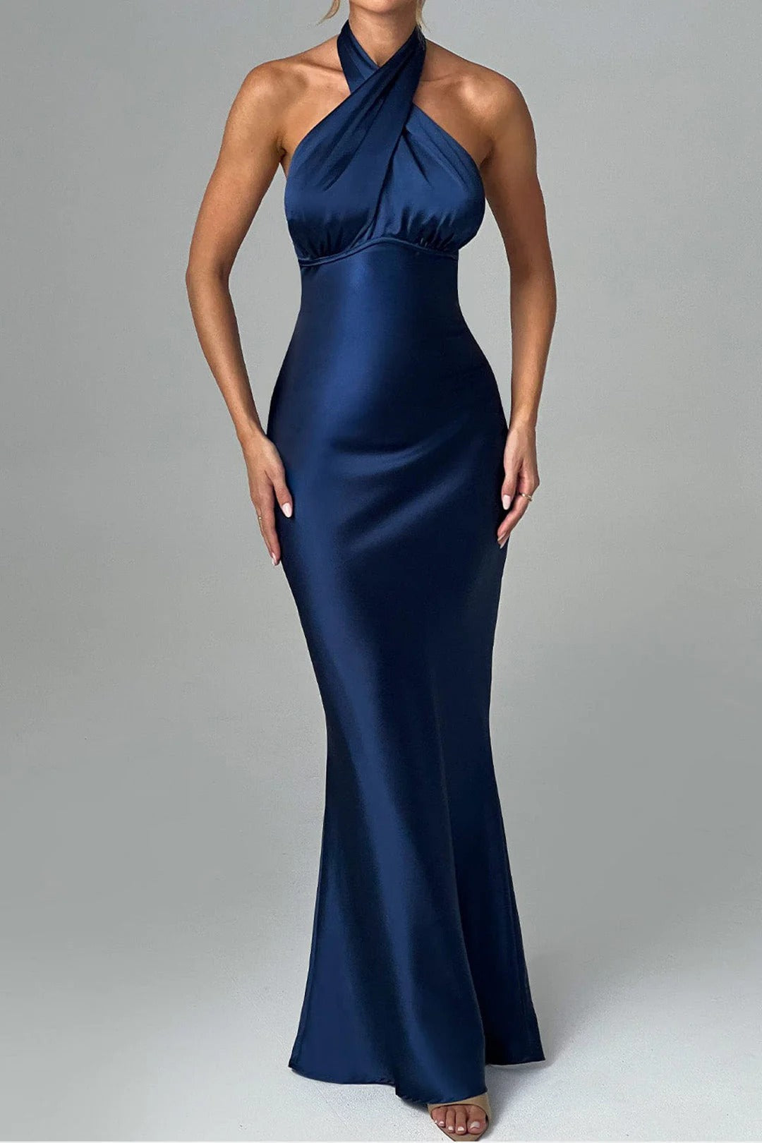 Bea - Women’s Satin Backless Bodycon Halter Maxi Dress