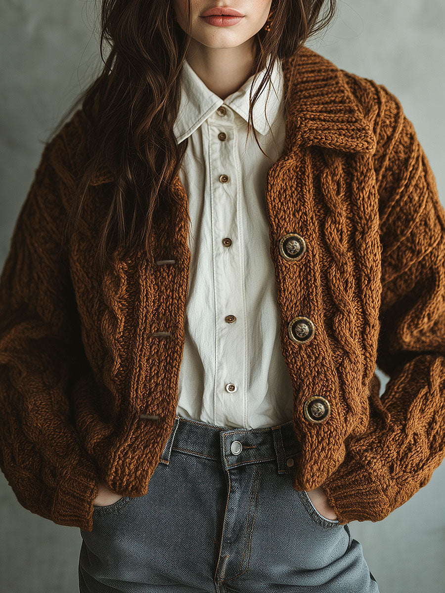 Vintage Rust Brown Chunky Knit Cardigan Jacket