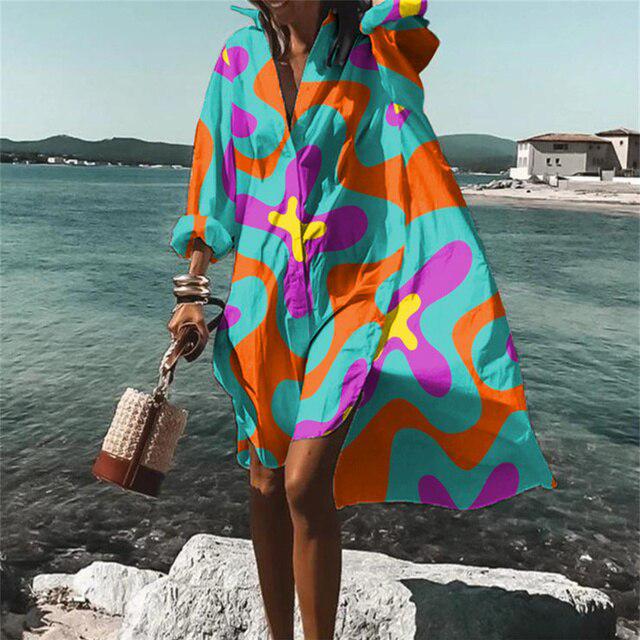 Sophie - Women Abstract-Print Oversized Button-Down Shirt Dress