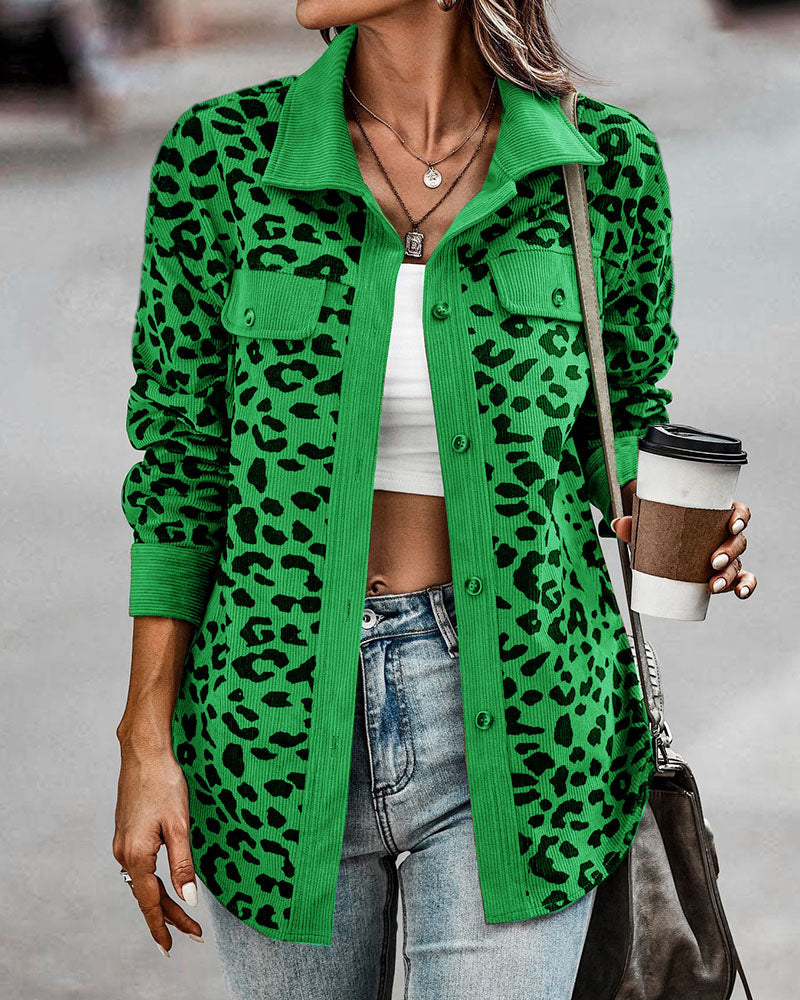 Casual Leopard Print Corduroy Jacket