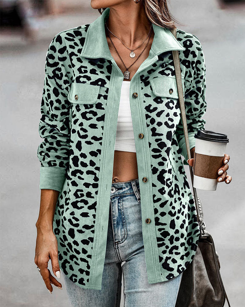 Casual Leopard Print Corduroy Jacket