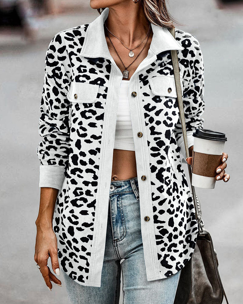 Casual Leopard Print Corduroy Jacket