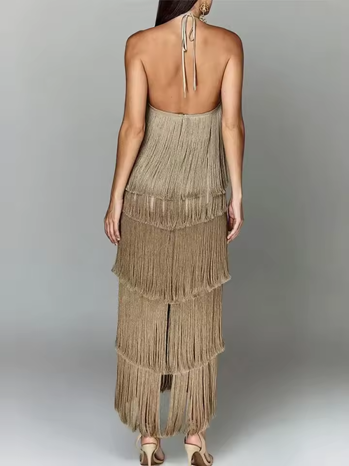 Cassandra - Women's Metallic Tassel Halter Neck Bodycon Dress