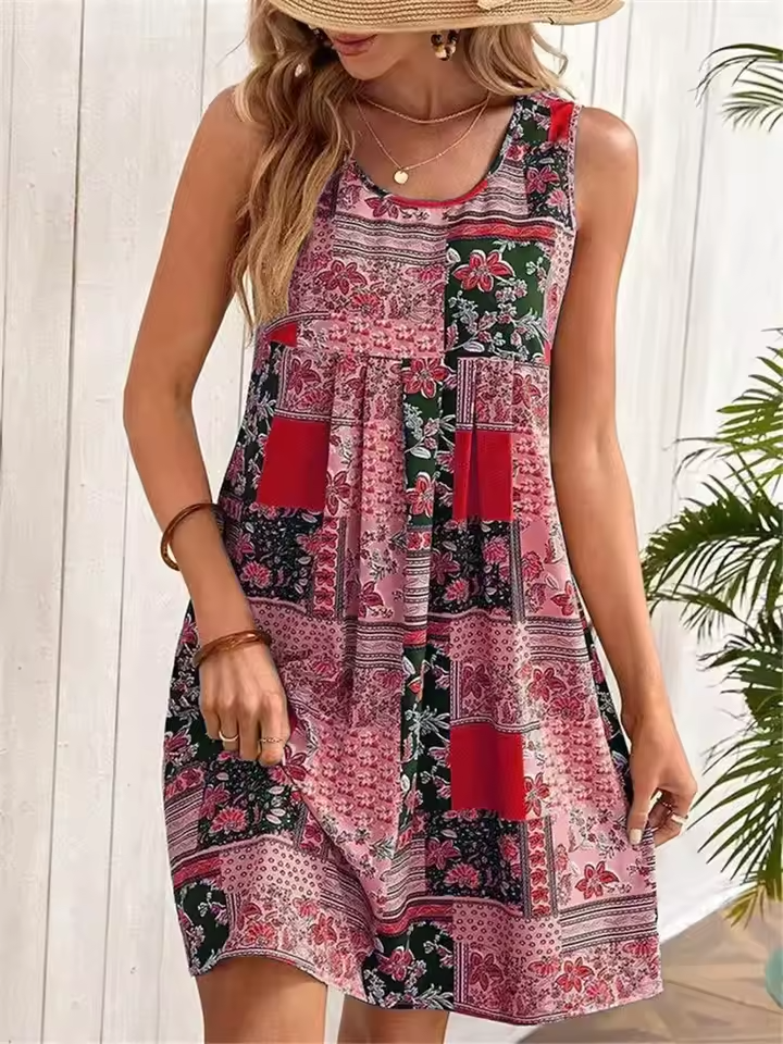 Jacinta - Retro Floral Patchwork Sleeveless Mini Dress