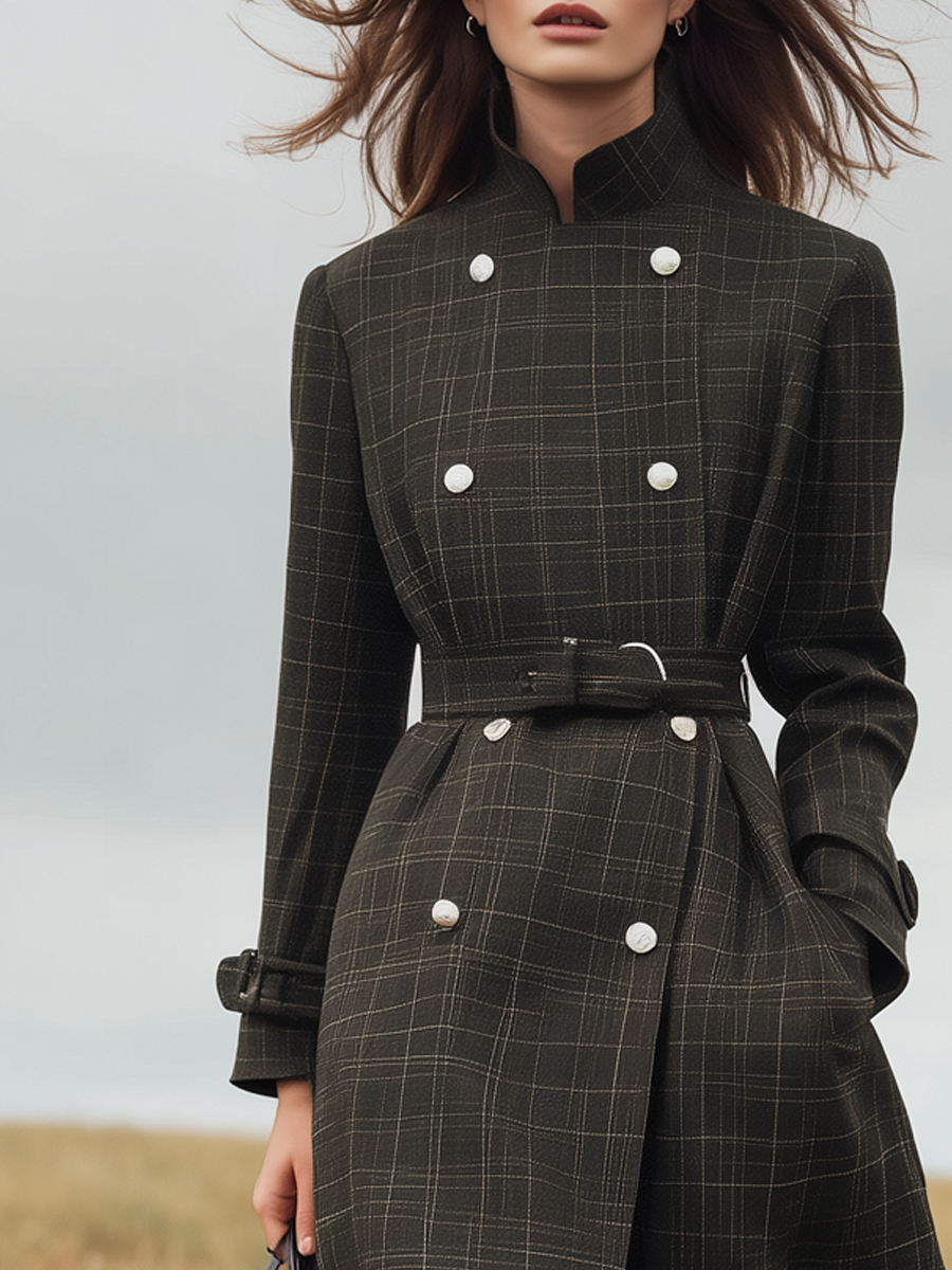 Retro Stand-up Collar Double-breasted Plaid Trench Coat
