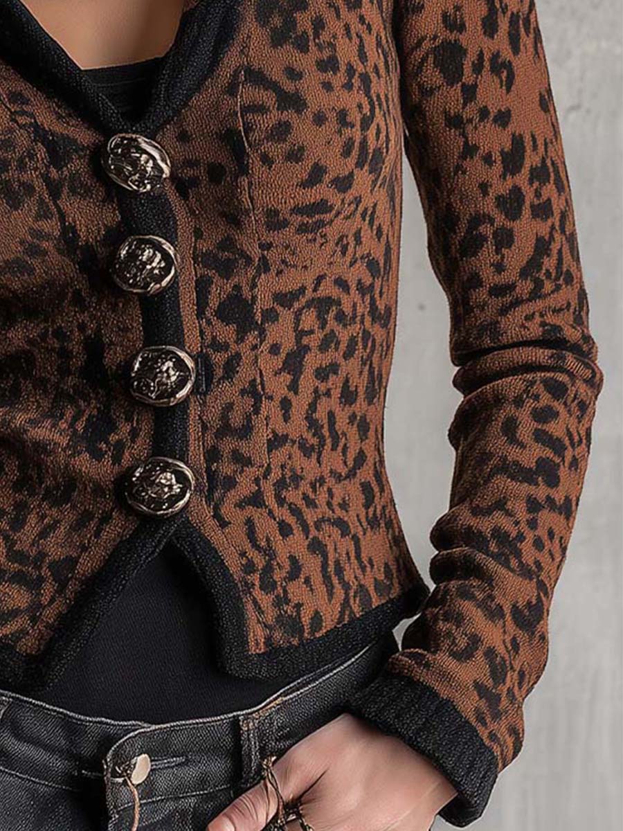 Leopard Print Knit Blazer With Statement Buttons