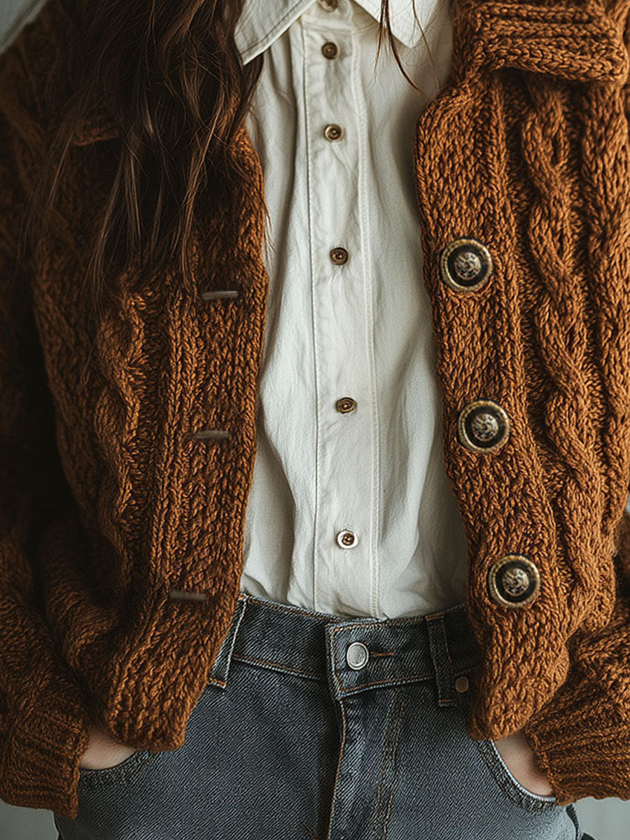 Vintage Rust Brown Chunky Knit Cardigan Jacket