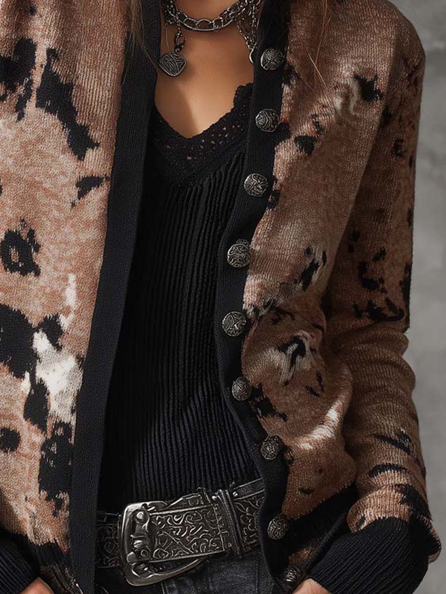 Vintage Cowhide Pattern Knit Cardigan