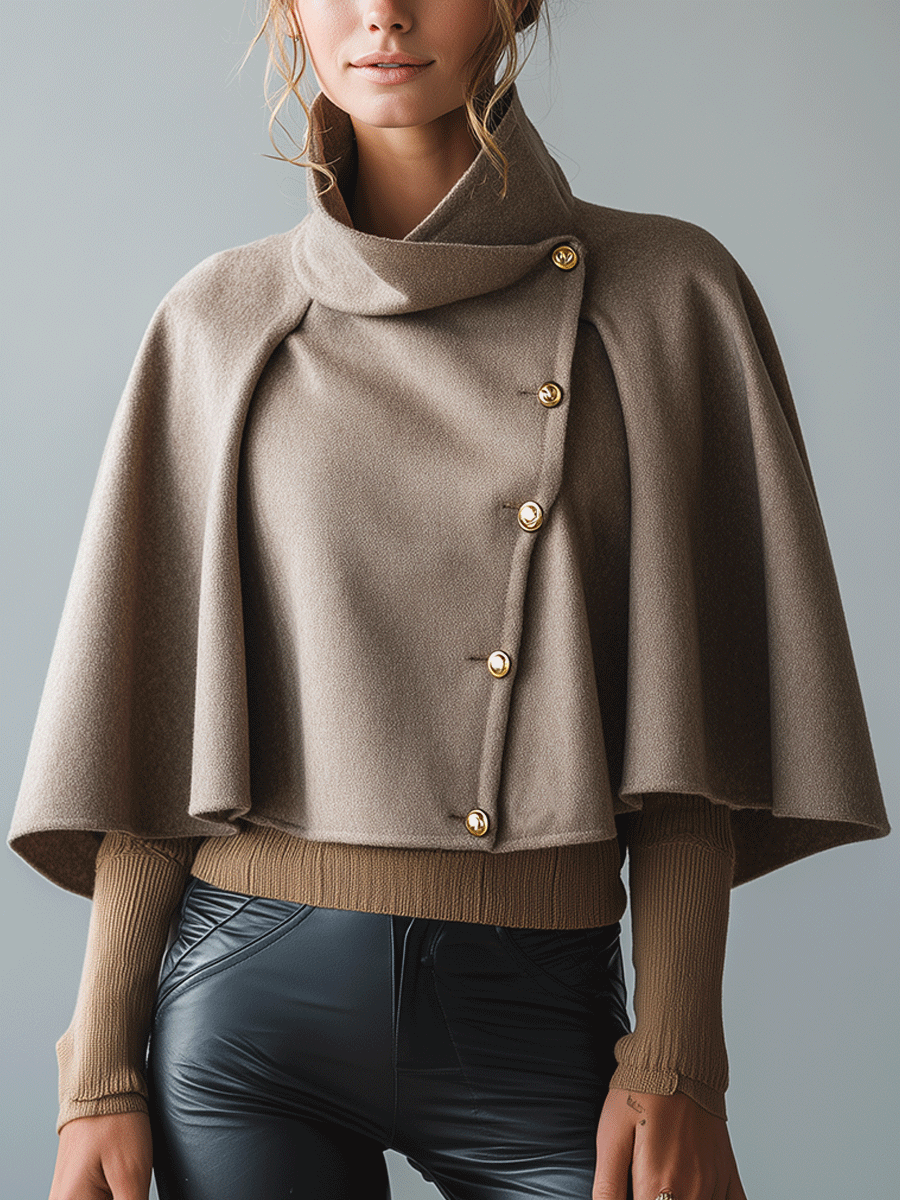 Elegant Khaki Wool Blend Cape