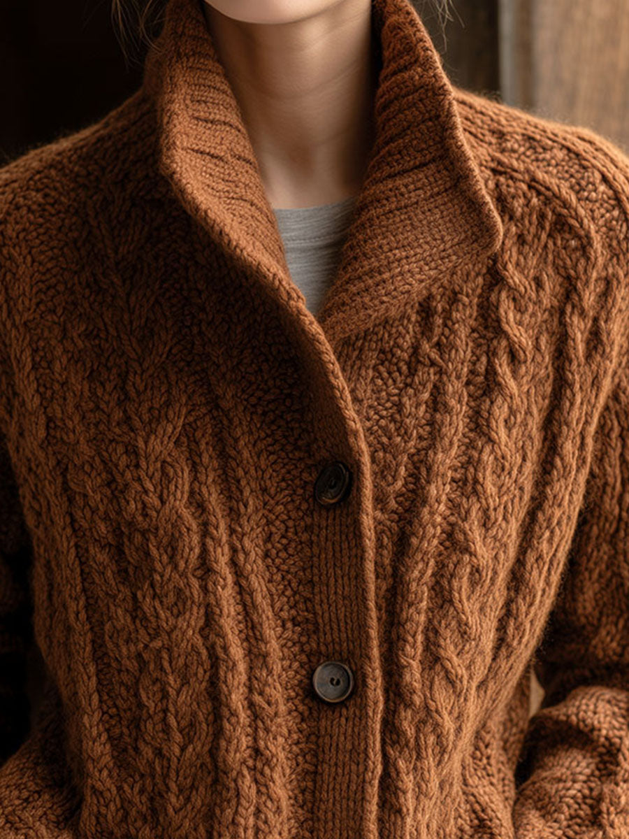 Brown Stand Collar Chunky Cable Knit Cardigan