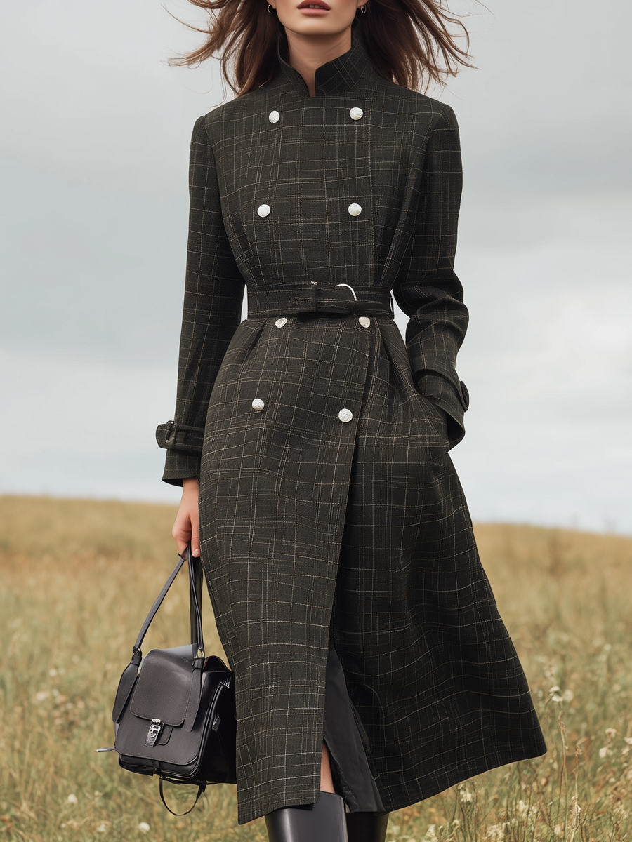 Retro Stand-up Collar Double-breasted Plaid Trench Coat