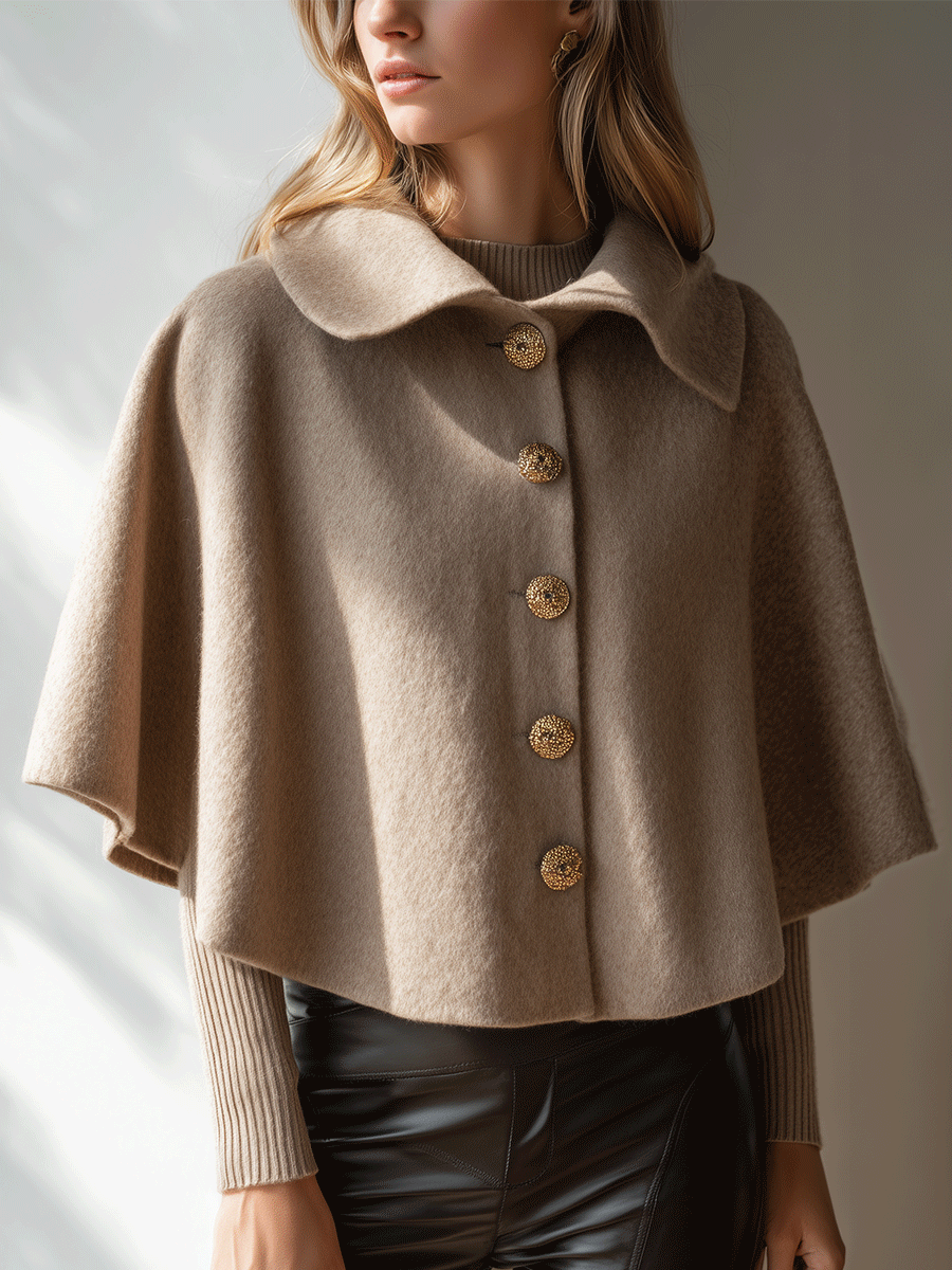 Chic Minimalist Beige Wool Button Cape
