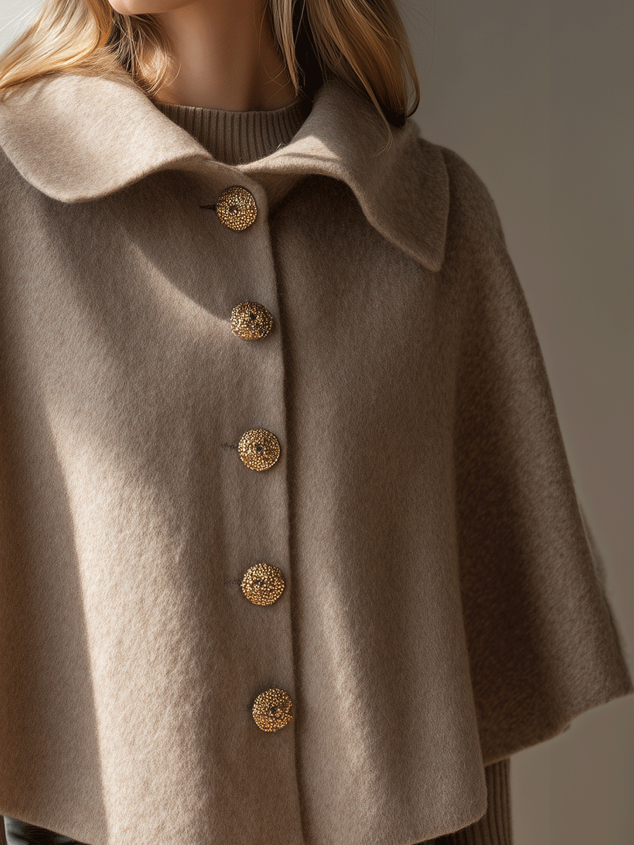 Chic Minimalist Beige Wool Button Cape