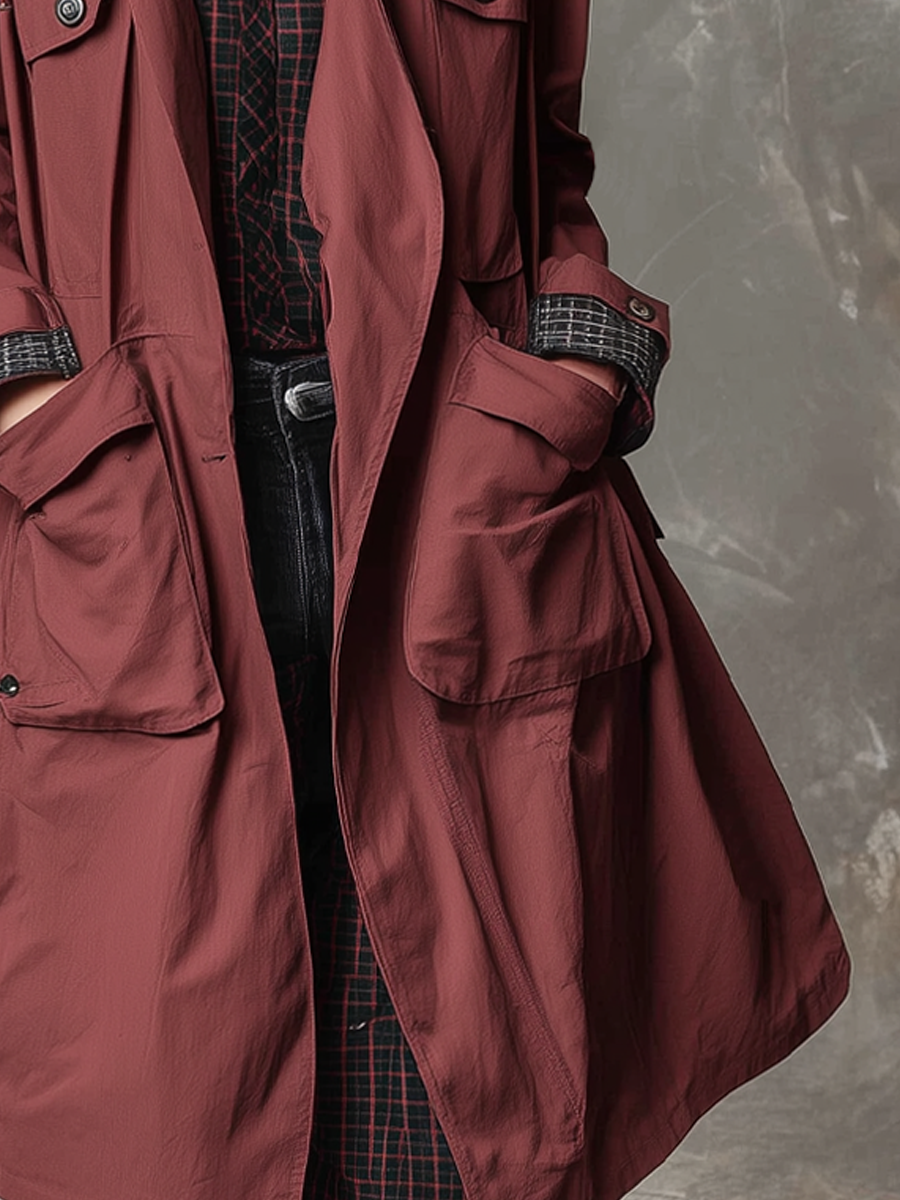 Retro Plaid Collar Multi-pocket Cargo Coat