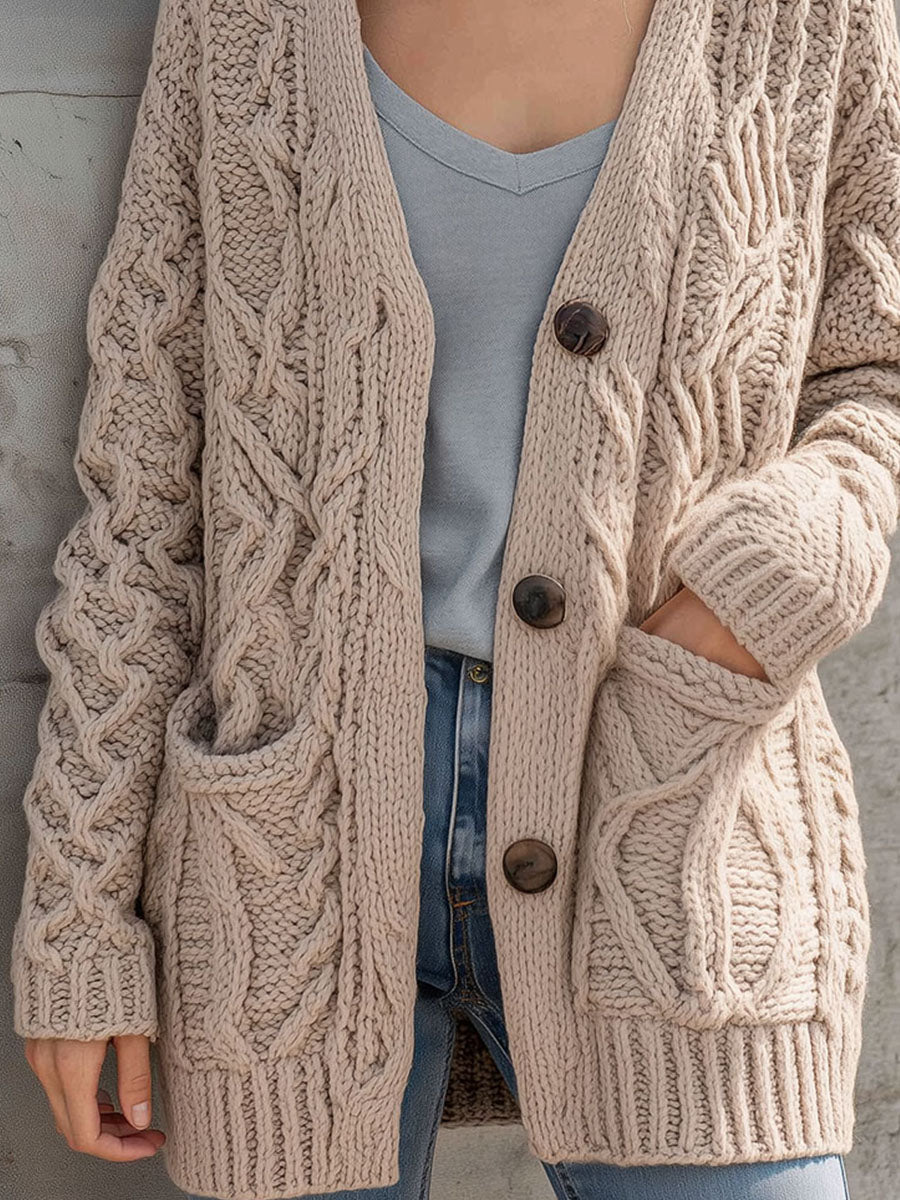 Cozy Beige Cable Chunky Knit Button Front Cardigan With Pockets