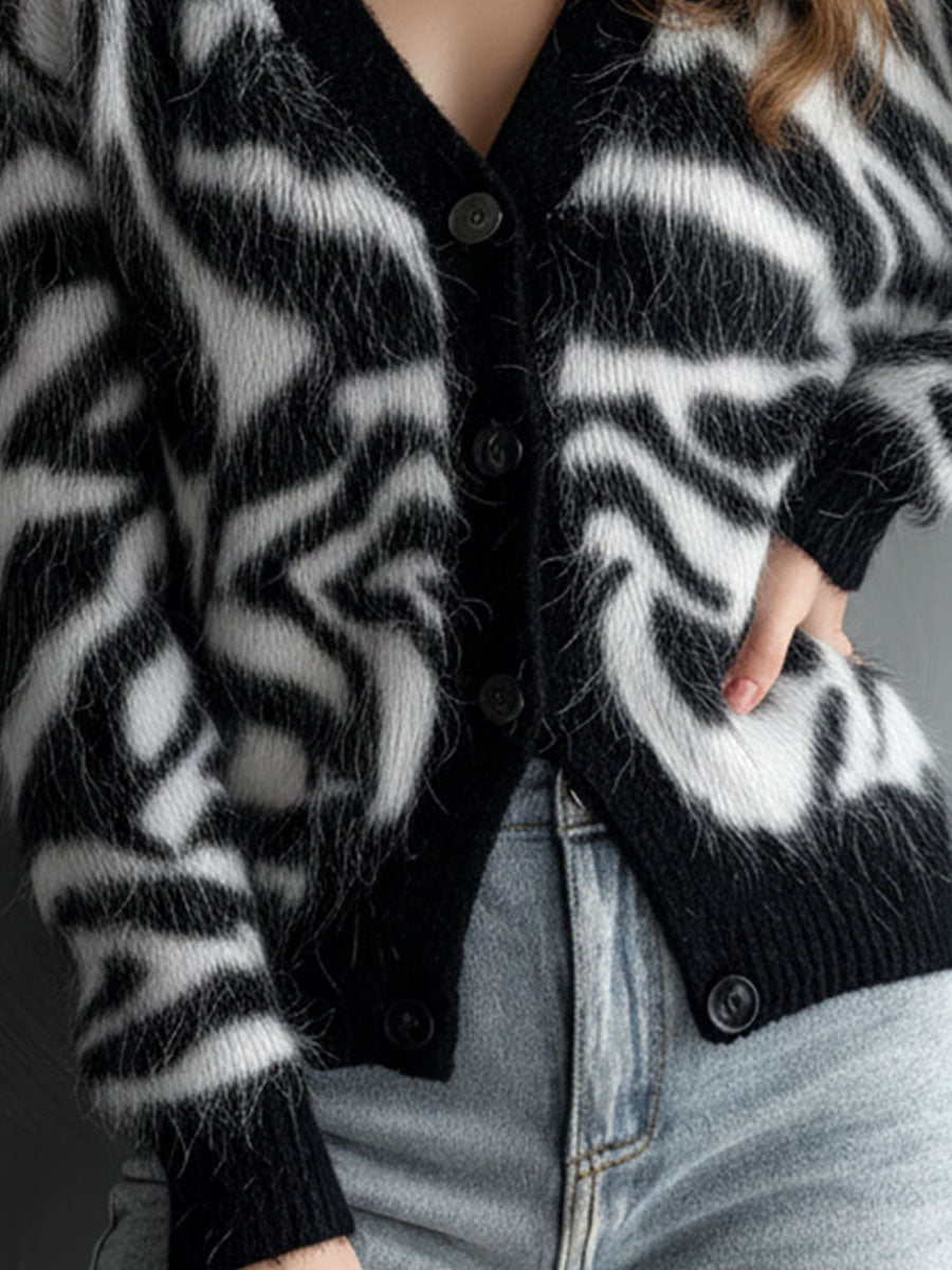 Chic Zebra Pattern Soft Mohair Fuzzy Knit Cardigan