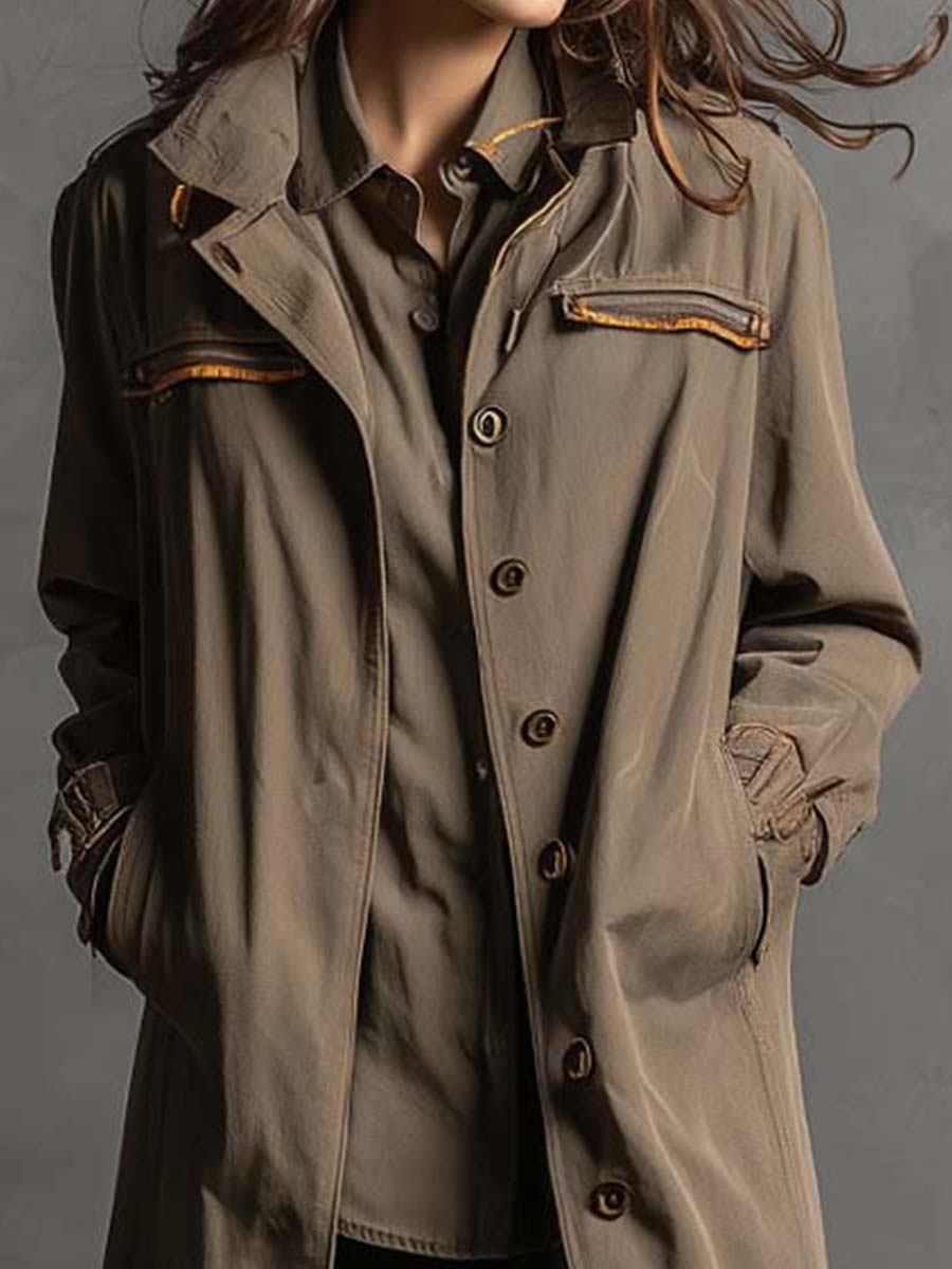 Vintage Utility Trench Coat With Contrast Trim