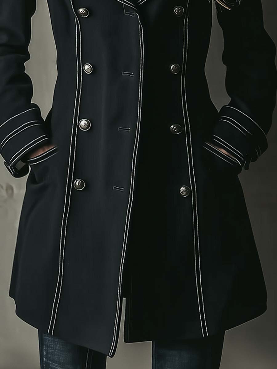 Black Double-Breasted Military Coat With Contrast Stitching