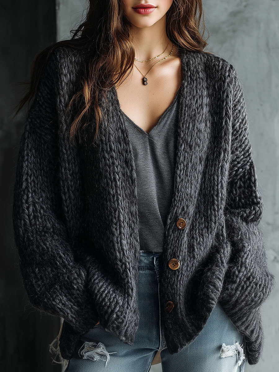 Charcoal Grey Chunky Knit  Oversized Button-Front Cardigan
