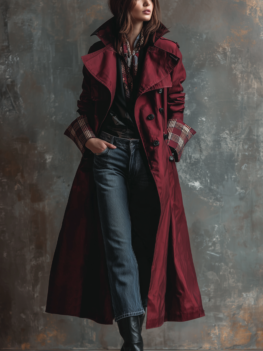 Retro Plaid Cuffs Exaggerated Lapel Trench Coat