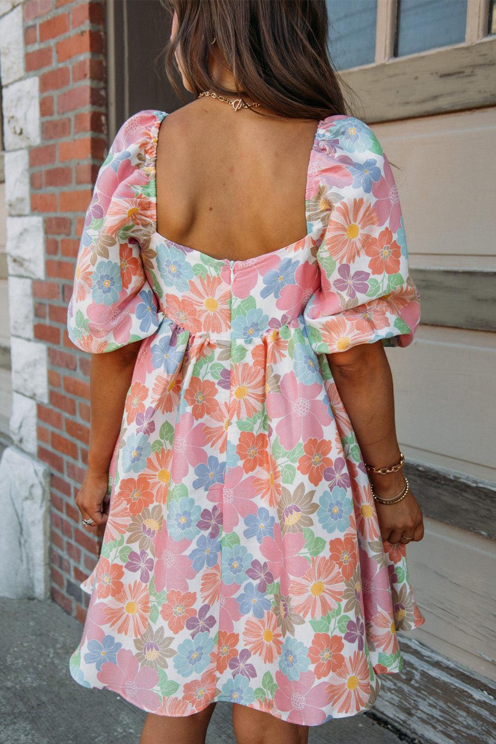 Nina - Floral Puff Sleeve Square Neck Babydoll Dress