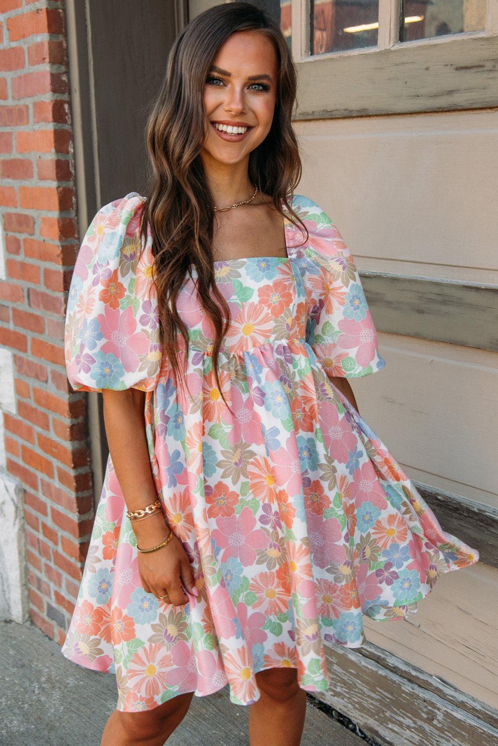 Nina - Floral Puff Sleeve Square Neck Babydoll Dress