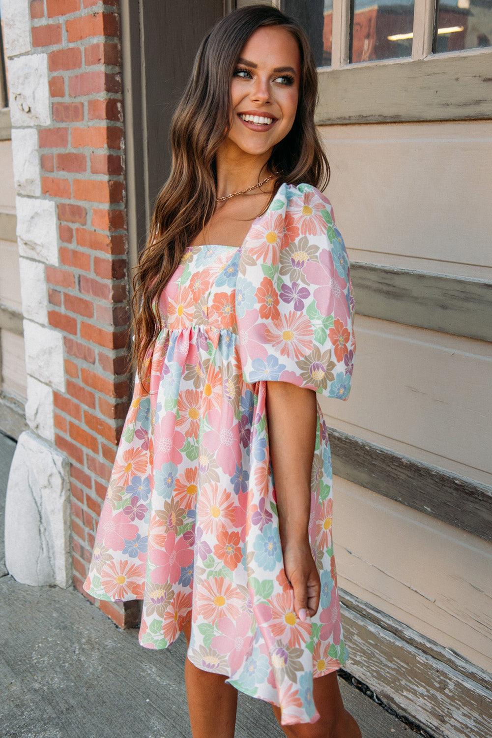 Nina - Floral Puff Sleeve Square Neck Babydoll Dress