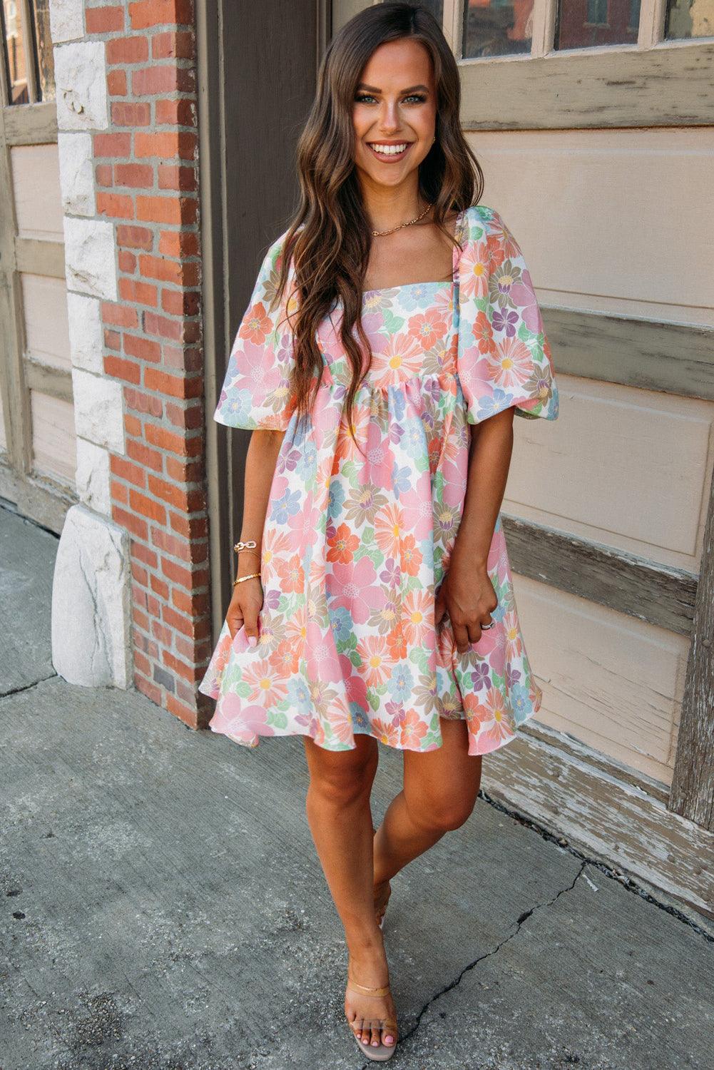 Nina - Floral Puff Sleeve Square Neck Babydoll Dress