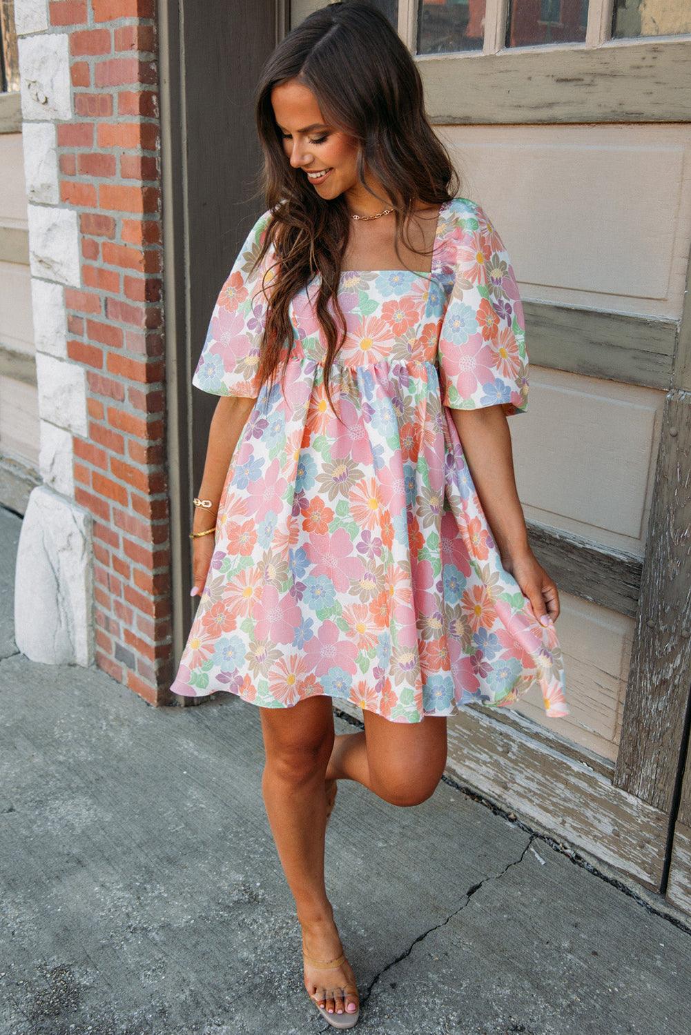 Nina - Floral Puff Sleeve Square Neck Babydoll Dress