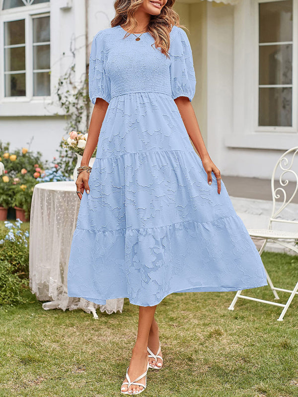 Elly - Smocked Bodice Midi Dress with Puff Sleeves and Tiered Skirt