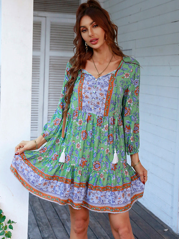 Maya - Bohemian Floral Print Dress with V-Neck and Tiered Skirt