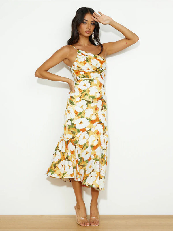 Paige - Asymmetrical Neckline Floral Print Midi Dress with Fishtail Hem