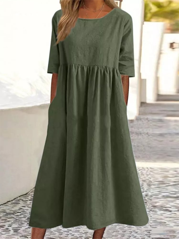 Cheyenne - Round Neck Midi Dress with Gathered Waist (Plus Size Available)