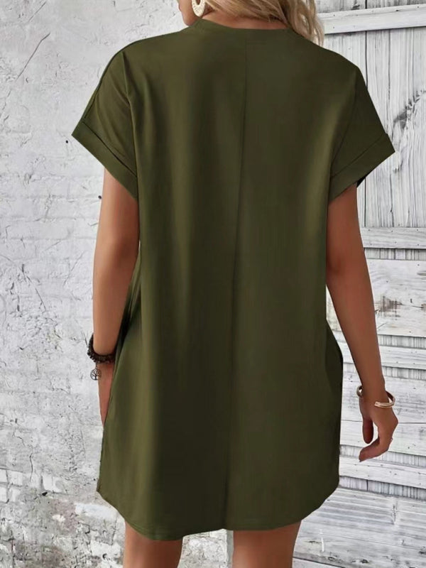 Aspen - Loose Fit Pocket Dress with Round Neck and Short Sleeves
