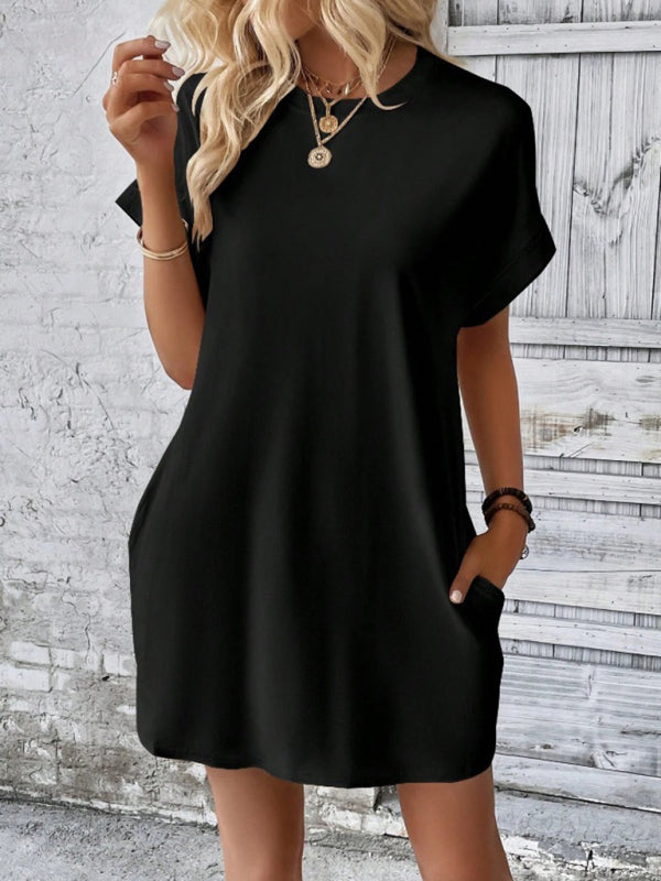 Aspen - Loose Fit Pocket Dress with Round Neck and Short Sleeves